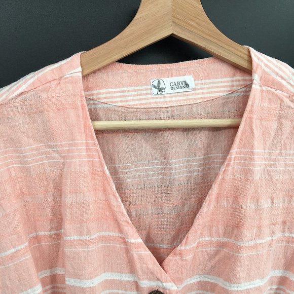 Carve Designs linen v-neck button front short sleeved shirt dress pink stripe S - Picture 2 of 10